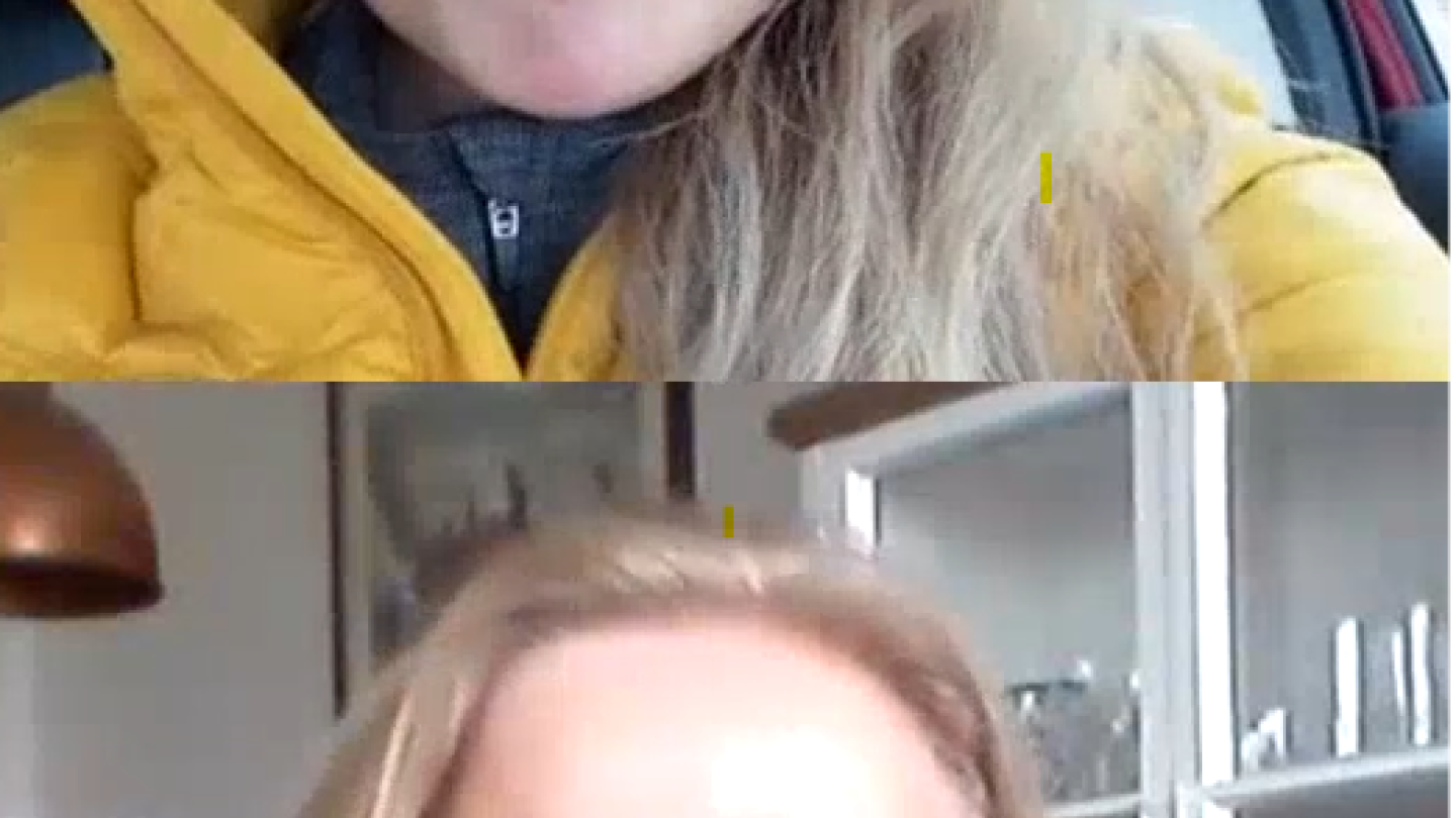 Myös haastattelu ja kuvaus toteutettiin etänä. Kuvassa Katri PaloojaMertanen (ylhäällä)  ja Marina Ruuskanen.